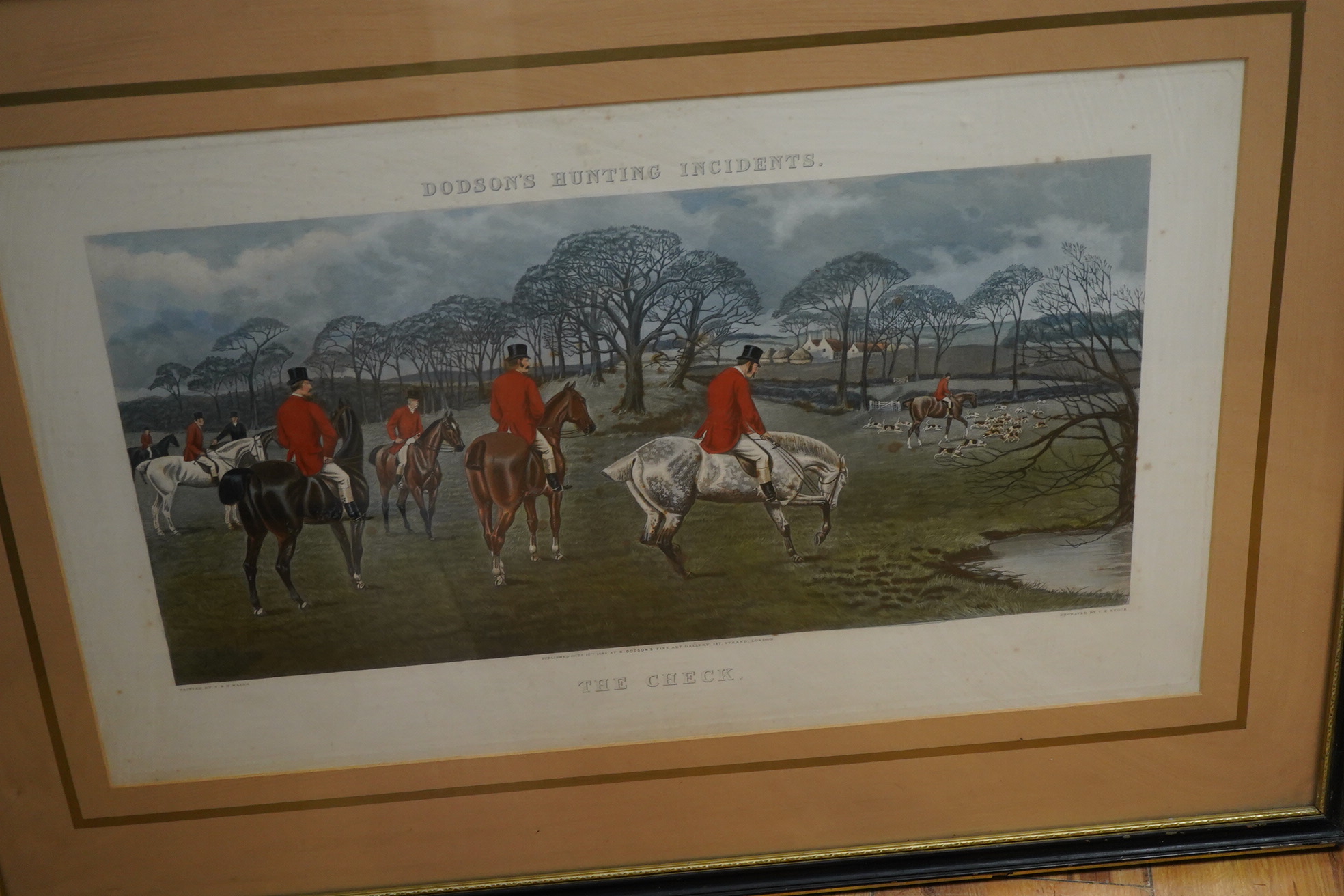 After T N H Walsh Dodson's Hunting Incidents, to include 'The Check' and 'The Fence', four lithographs published by R. Dodson's Fine Art Gallery, London, largest 35 x 59cm